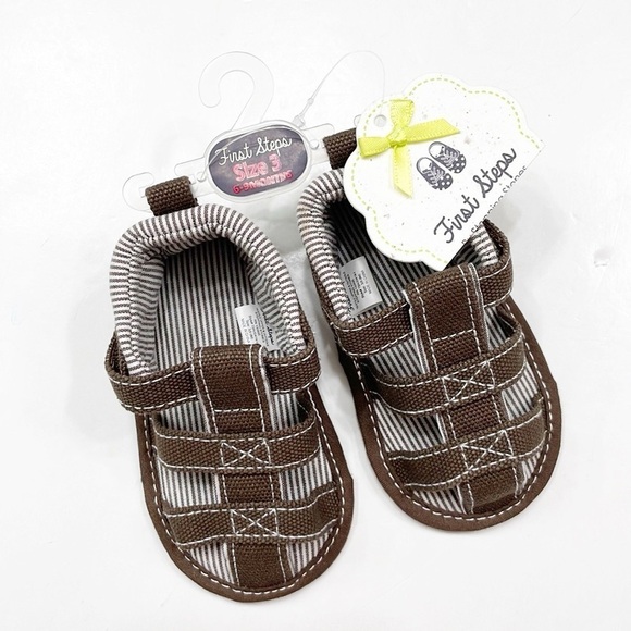 NEW First Steps chocolate canvas w/stripe baby sandals - Picture 4 of 5